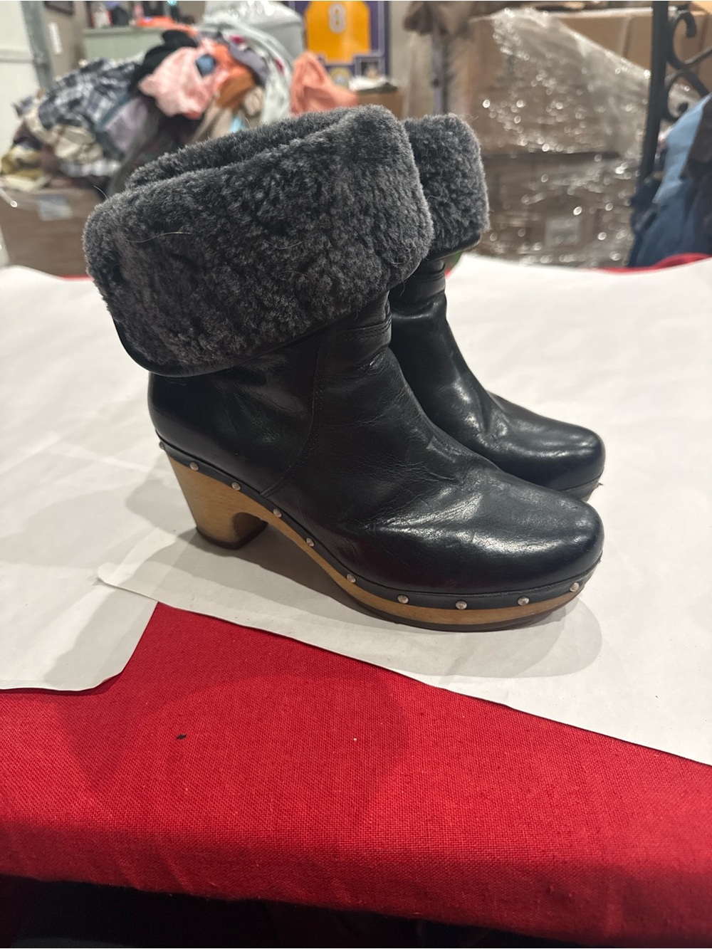 UGG Black Leather Clog Boots with Gray Shearling Cuff